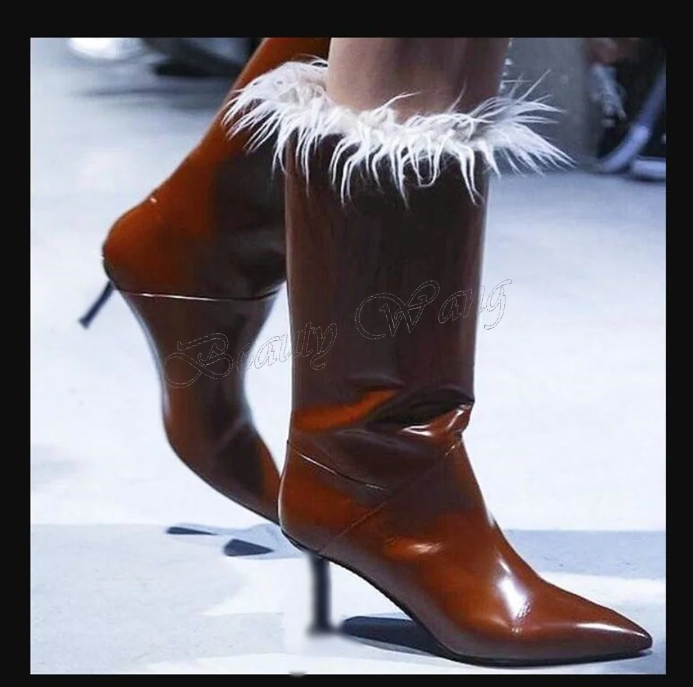 

Brown Fur Decor Boots Thin Heels Shoes Mid Calf Pointed Toe Thin High Heel Shoes for Women 2025 Zapatos Para Mujere