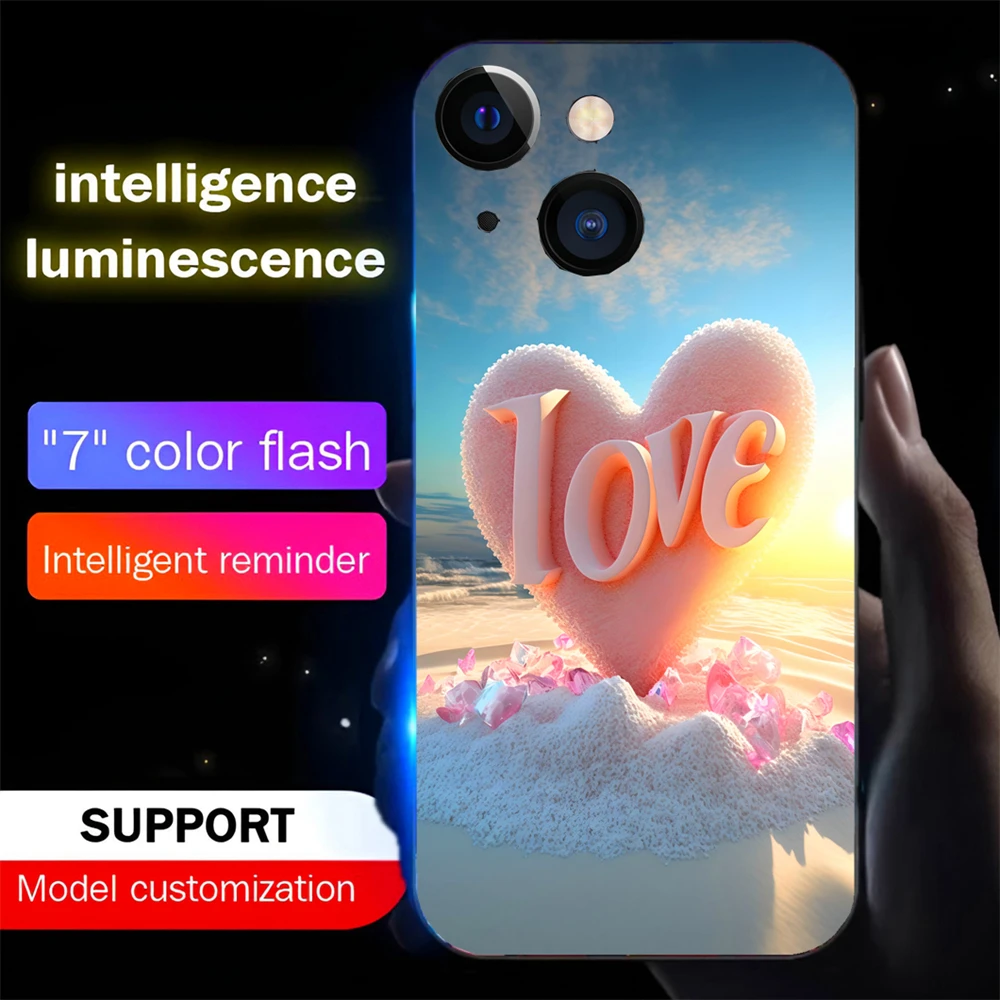 Seaside Healing Scenery Smart LED Light Glow Tempered Glass Phone Case For iPhone 15 14 13 12 11 Pro Max XR XS Plus 6 7 8 SE2020