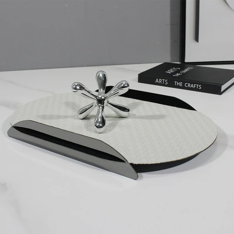 

Modern simple and creative light luxury embossed leather metal tray model house living room dining room coffee table soft decora