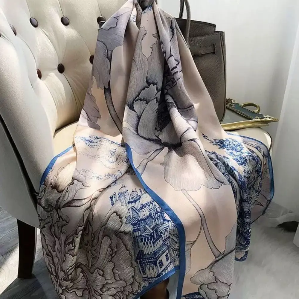 

Новый большой шарф из шелкового атласа с модным принтом, мягкая дышащая тонкая солнцезащитная пляжная накидка-шаль
