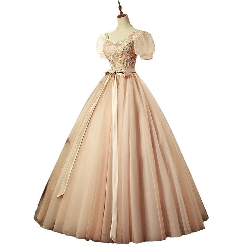 Robe de Quinceanera imprimée à col carré personnalisée, nœud à lacets, taille fine, robes d'occasion formelles, manches courtes bouffantes, émail élégant