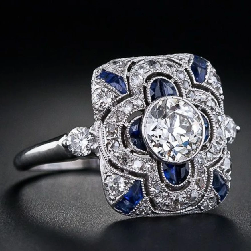 Free sale, retro court exquisite blue and white zircon creative ring, popular jewelry