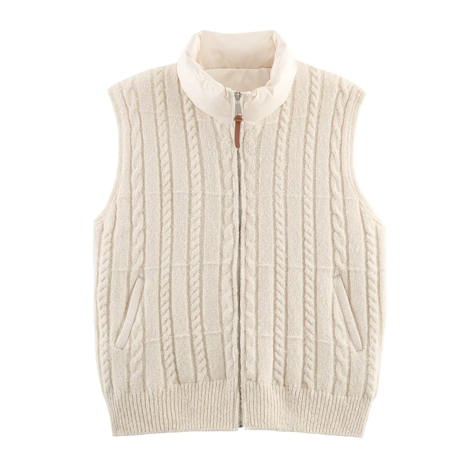 2026 유행 케이블 니트 스탠드 칼라 두꺼운 퀼팅 민소매 조끼 신상 겨울 스타일 패션 여성 조끼 탑