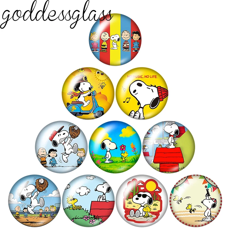 Lustige Snoopy-Figuren, Sports Easy Life, 10 Stück, 12 mm/18 mm/20 mm, Fotoglas-Cabochon mit flacher Rückseite, zur Herstellung von Schlüsselanhänger-Schmuck