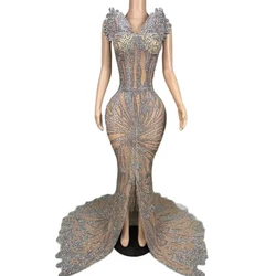 Sexy Flashing Diamonds Strapless Slit Sheath Fishtail Sheath Dress Evening Party Performance Photoshoot Singer Stage Dress