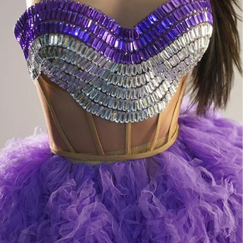 Вечерний наряд с фиолетовыми бриллиантами, костюмы Drag Queen, верхняя юбка со стразами, женская вечерние джазовые костюмы, праздничная одежда для сценического шоу