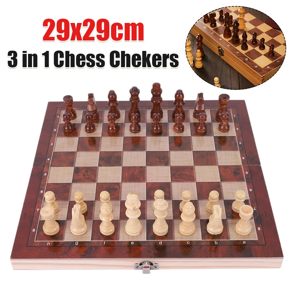 

Wooden 3 in 1 Chess Checkers Backgammon Set 29x29cm Foldable with Storage Compartments Board Game Gift for Kids