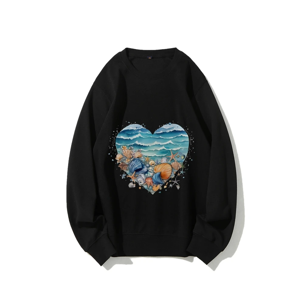 سويت شيرت Y2k برسومات على شكل قلب - على شكل شاطئ مع طباعة قذائف، قماش ناعم رومانسي وساحلي لمظهر كاجوال على شاطئ البحر