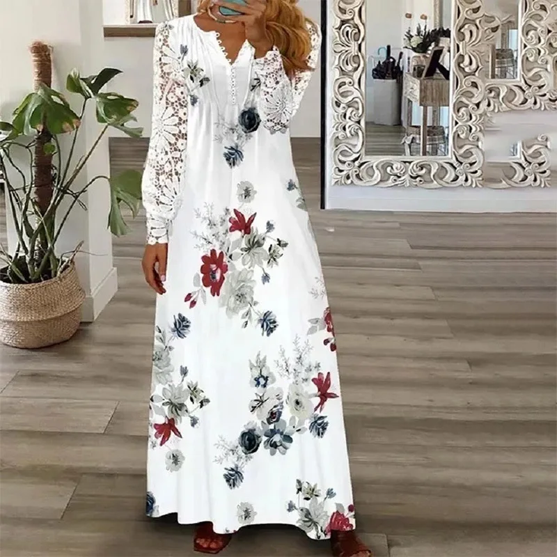 Wiosna/Lato Moda Damska Koronkowe Sukienki z Długim Rękawem Elegancka Kobieta Biały Dekolt V Slim Fit Impreza Długa Maxi Vestidos 3XL