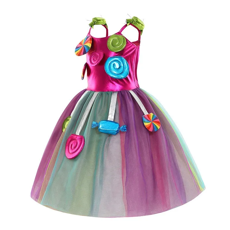 Costumes for Girls 2024 Purim Lollipop Costume Kids Cosplay Print Princess Sweet Dresses With Headband Cosplay Rainbow Vestidos