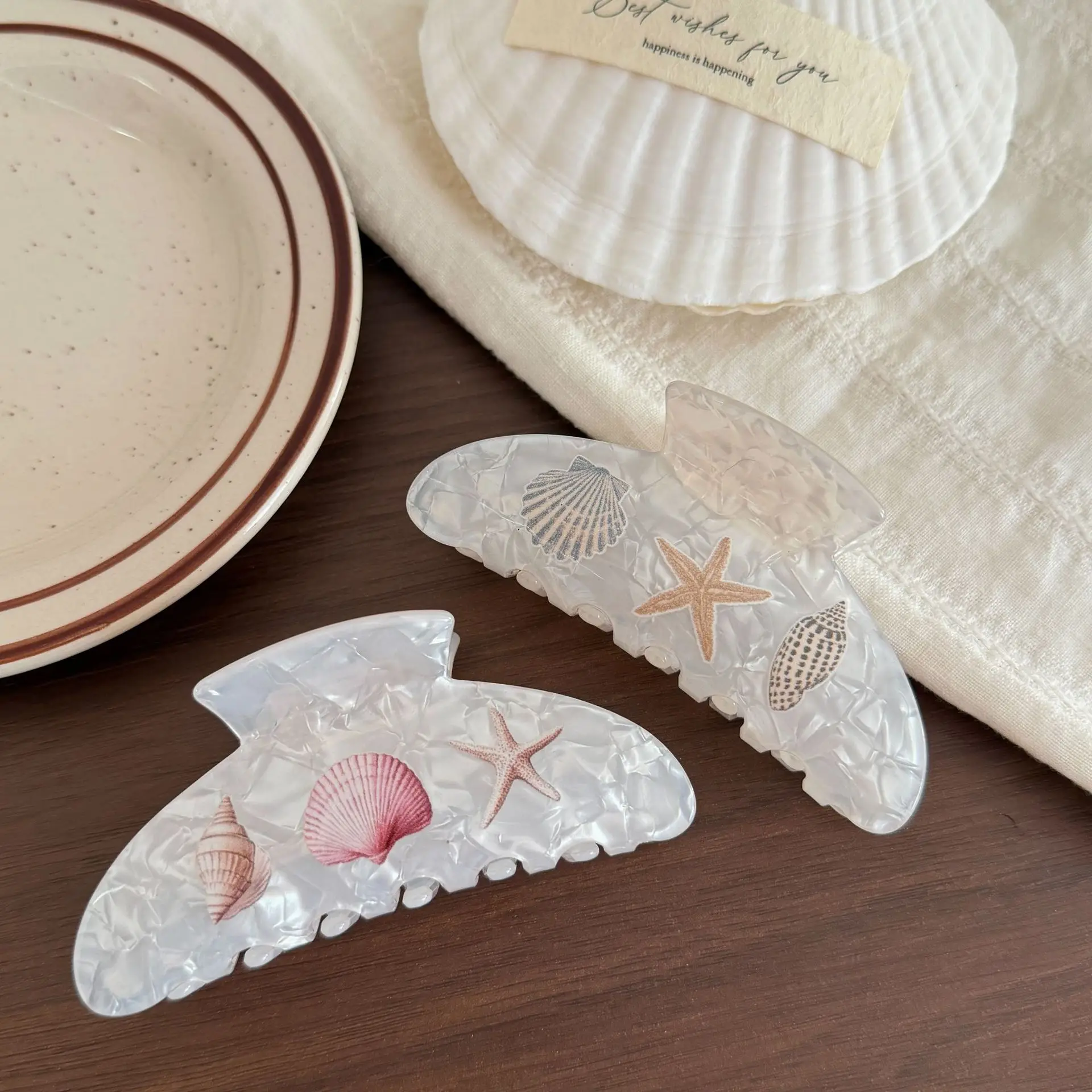 Seashell Starfish Print Acetate Hair Claw Clip Shark Hair Claw Women Girls Ponytail Gripper Beach Fashion Hair Accessory Decor