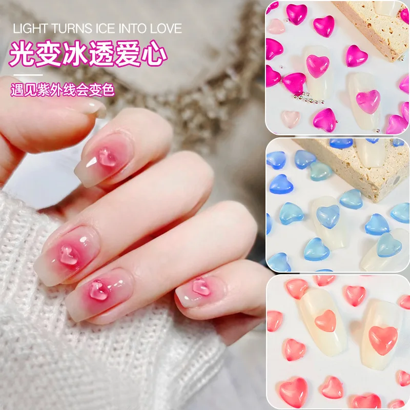 

100Pcs Nail Art Charms Light Change Color Heart Rhinestones Resin Red Purple Blue Jewelry Bow