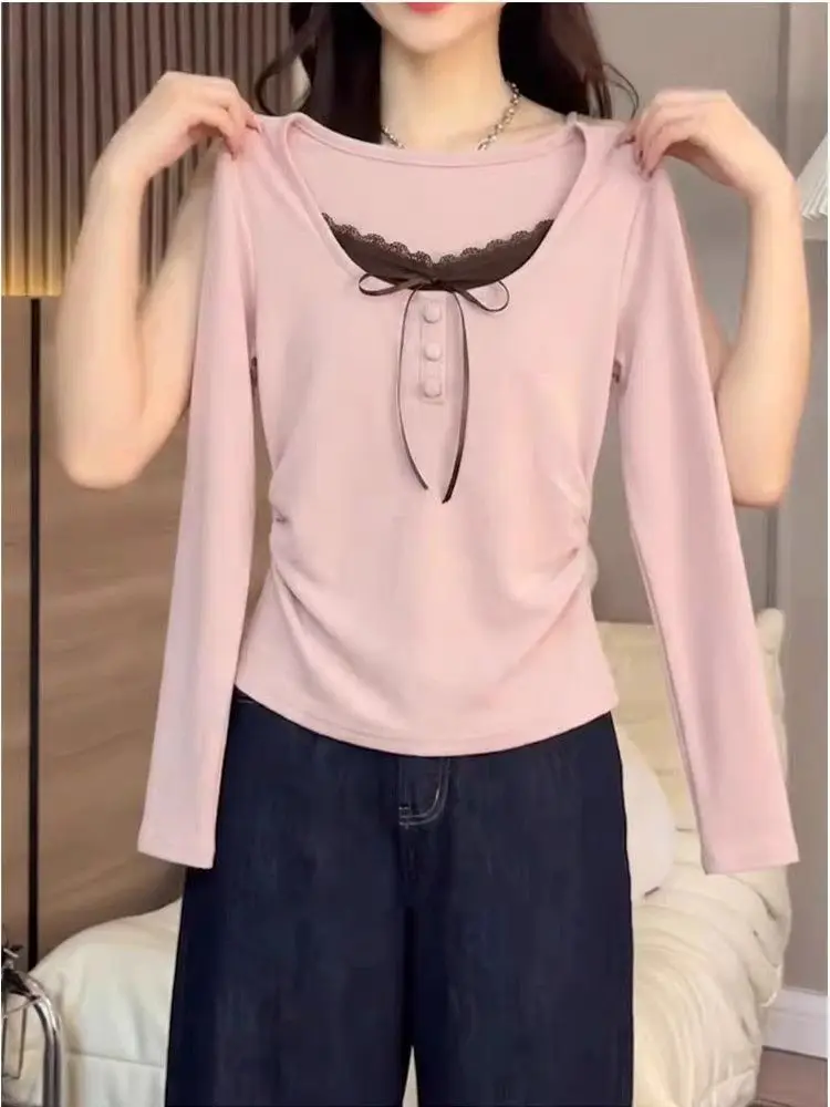 Sweet Style Long Sleeve Short T-Shirt Women's Slim Fit White Enhancing Lace  Fake Two-Piece Early Spring New Arrival