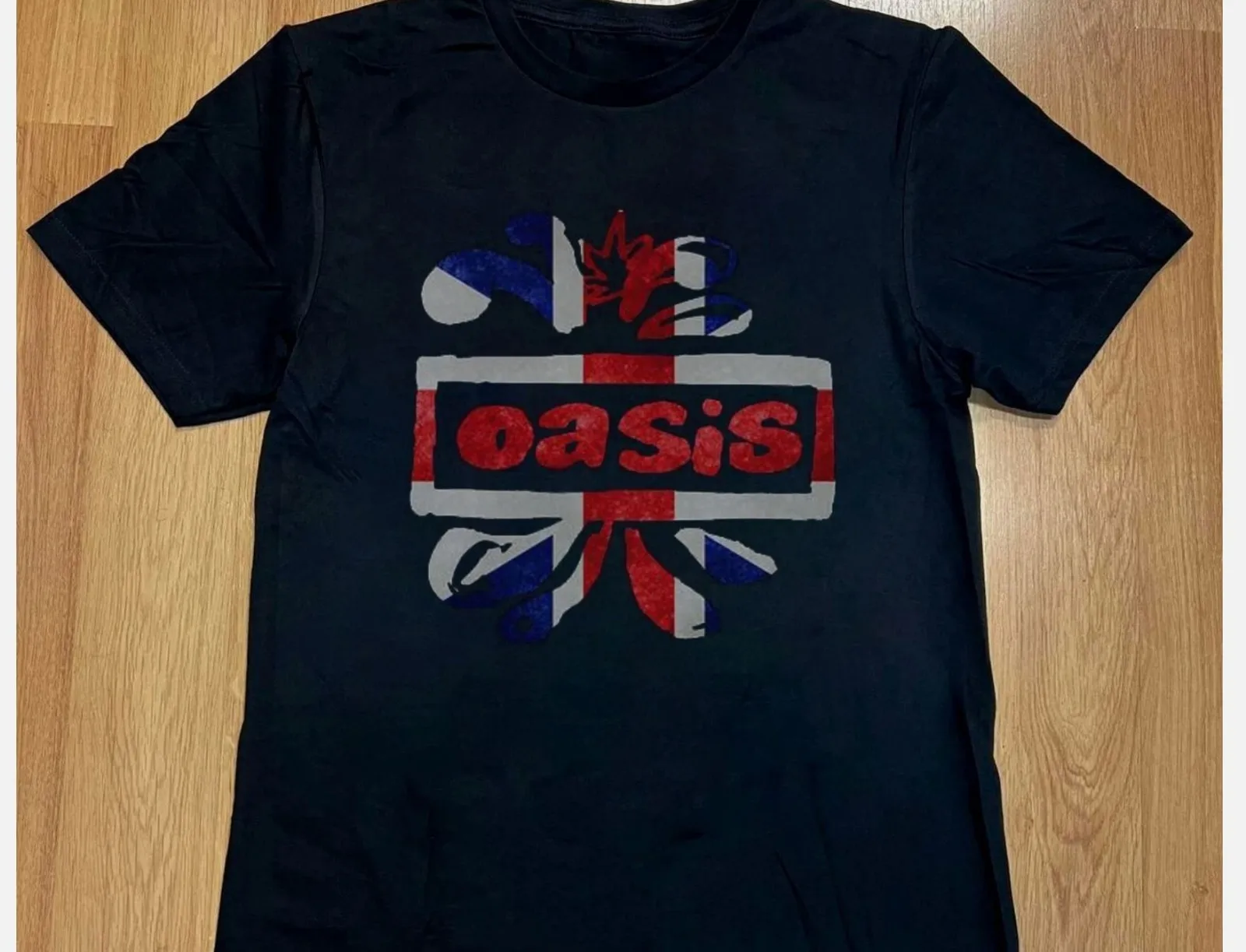 

Rare Oasis Union Jack Logo T Shirt Unisex Black Cotton Size S 5XL