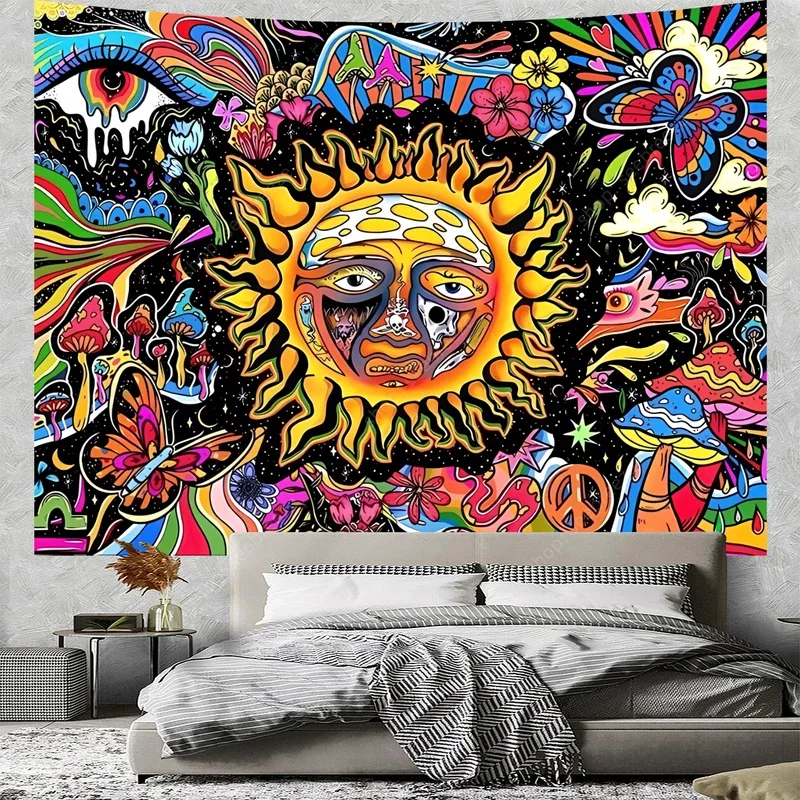 Hippie sun tapestry Psychedelic mushroom butterfly tapestry wall hanging room decor aesthetic beach towel sofa Matte curtain fab