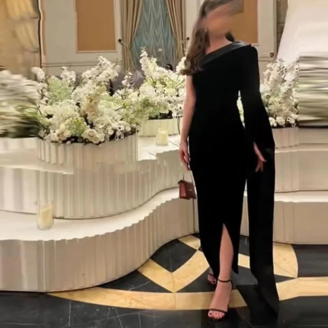 Fashionvane Side Slit Prom Dresses One Shoulder Long Sleeve Black Evening Gowns for Saudi Arabia Women Elegant Birthday Party