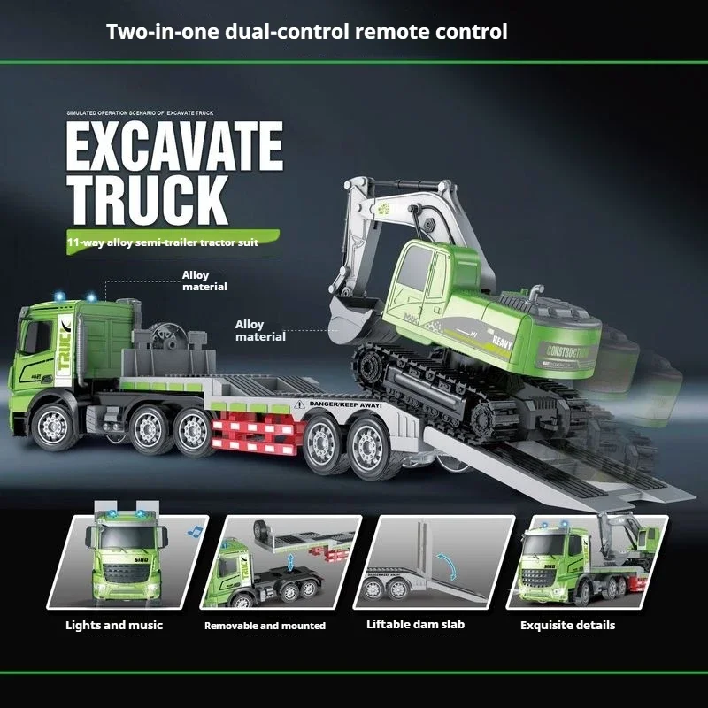 원격 제어 합금 자동차 RC 세미 트레일러 트럭 큰 전자 시뮬레이션 차량 음악 LED 충전식 RC 엔지니어링 자동차 아이 장난감