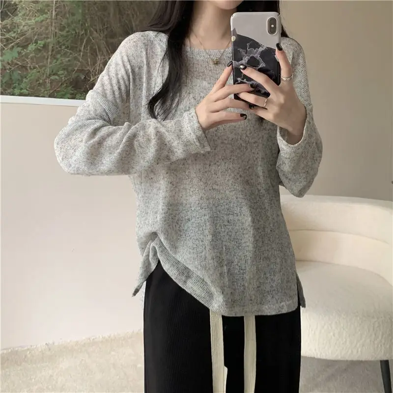 2024 Women\'s Summer New Spliced Pullover Round Neck Fashion Solid Color Loose Minimalist Casual Long Sleeve Knitted T-shirt Tops