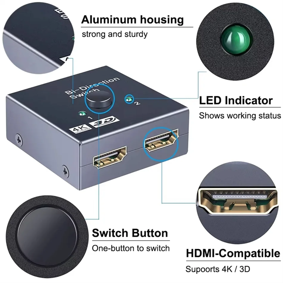 

4K HDMI-Compatible Switch 2 Ports Bi-directional 1x2 / 2x1 HDMI-Compatible Switcher Splitter Supports Ultra HD 4K 1080P 3D HDR