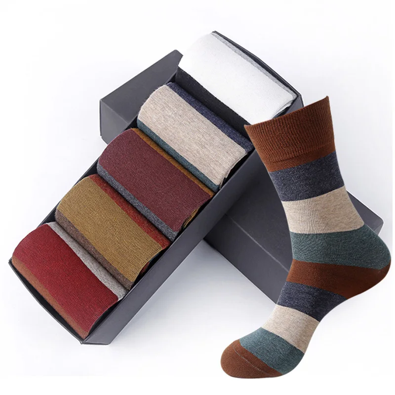 5 Pairs of Men\'s High Quality Warm Cotton Socks Fashion Thickened Striped Socks Autumn and Winter Plus Size 39-45 Casual Socks