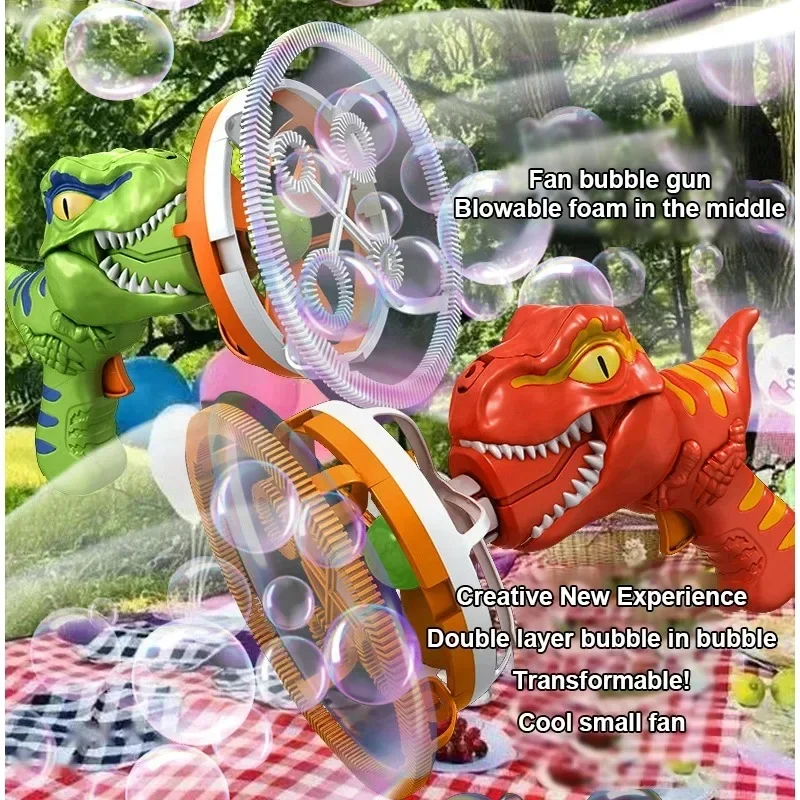Automatische Seifenblasenmaschine, Dinosaurier-Seifenblasenpistole, mit Cartoon-Lüfter, Seifenwasserblasengebläse, für Kinder, Sommer, Outdoor, Spielzeug, Geschenke