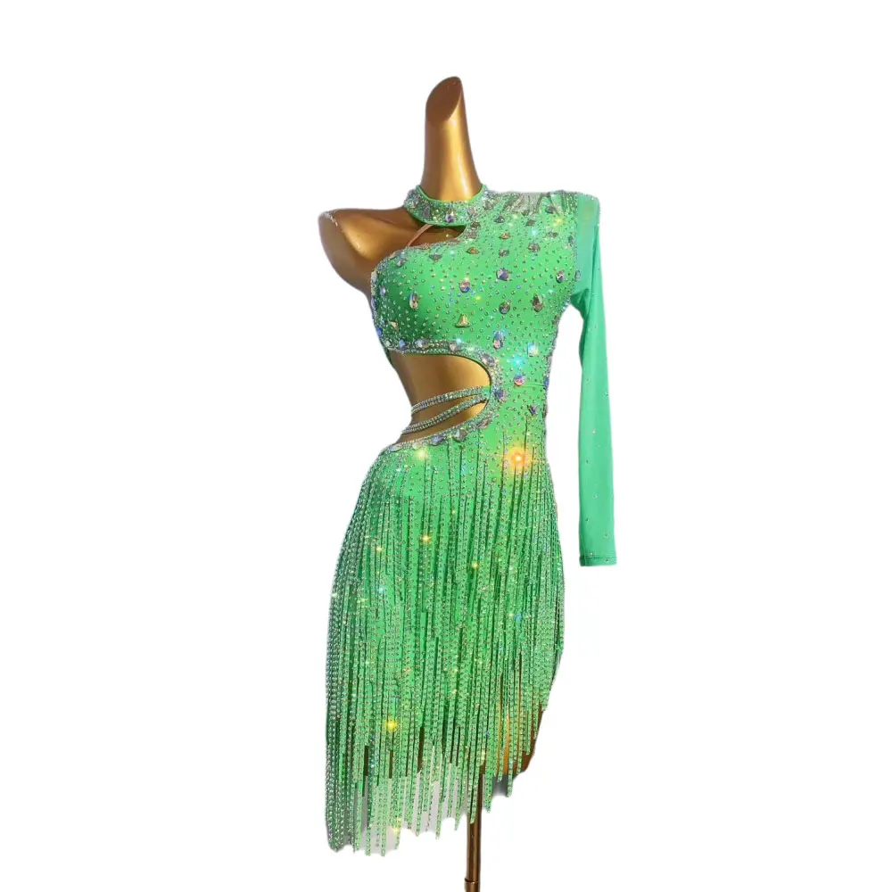 

Женская элитная зеленая одежда с короткими рукавами и цветочным принтом для латинских танцев со стразами, одежда для американской самбы, платье