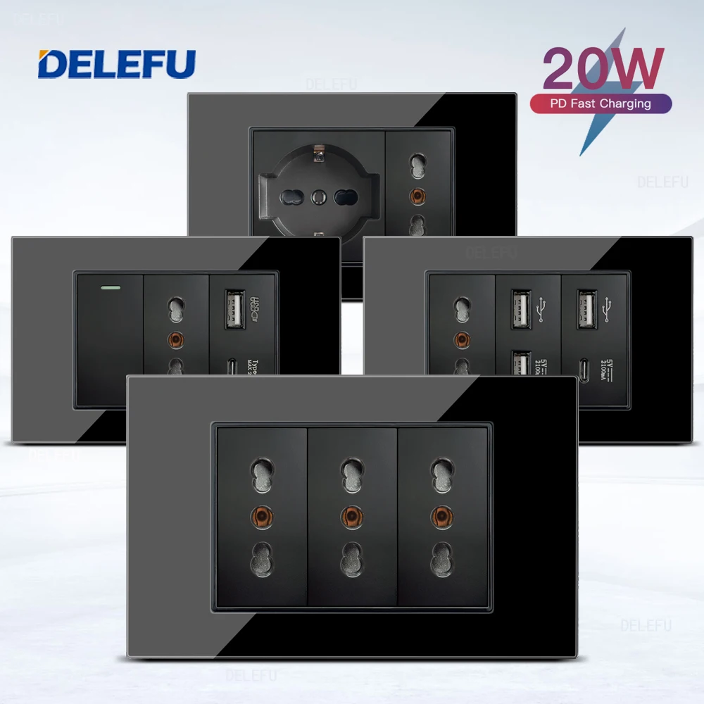 DELEFU Glass SC70 Panel 118mm Black Italian Standard USB C-type Fast Charging Wall Socket Switch TV Telephone CAT5 CAT6