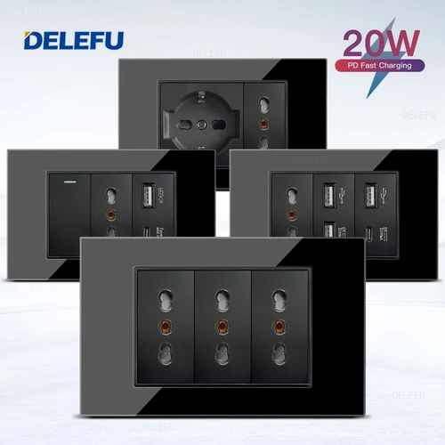 Imagen 1 del producto DELEFU-Panel de cristal SC70 de 118mm, negro, estándar italiano, USB tipo C, interruptor de toma de pared de carga rápida, TV, teléfono, CAT5, CAT6