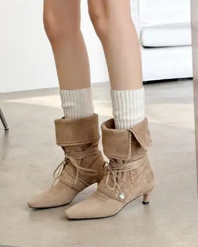 

Autumn Women Apricot Green Suede Knitting Fold Mid-calf Boots Women 5 CM Heels Square Toe Lace Up Short Modern Boots Shoes Lady