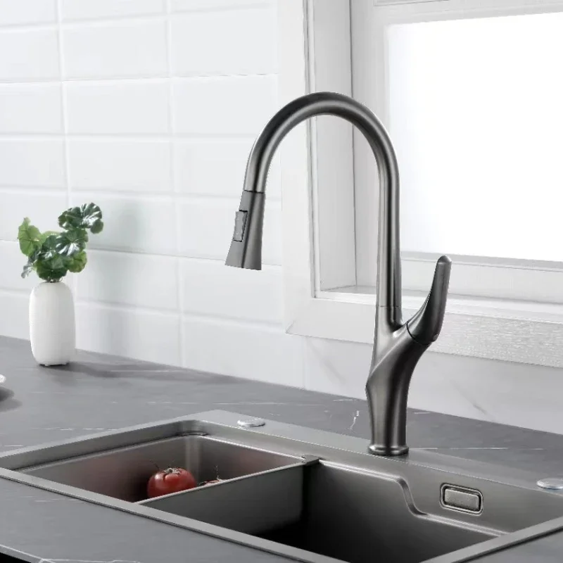 Brushed Grey Kitchen Faucet Pull-out Design Rotation Sink Hot And Cold Single Handle 3 Control Water Mixer Tap