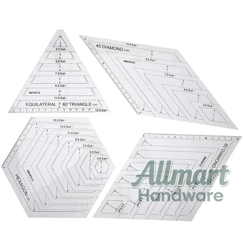 4 transparent 60 degree triangular 45 degree diamond hexagonal templates, patchwork sewing and quilting ruler