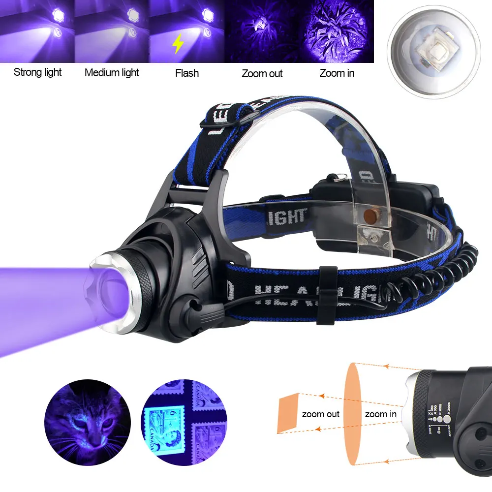 Outdoor tactical red/green/UV395nm violet headlamp 3-speed zoom LED fishing headlamp hunting strong flashlight