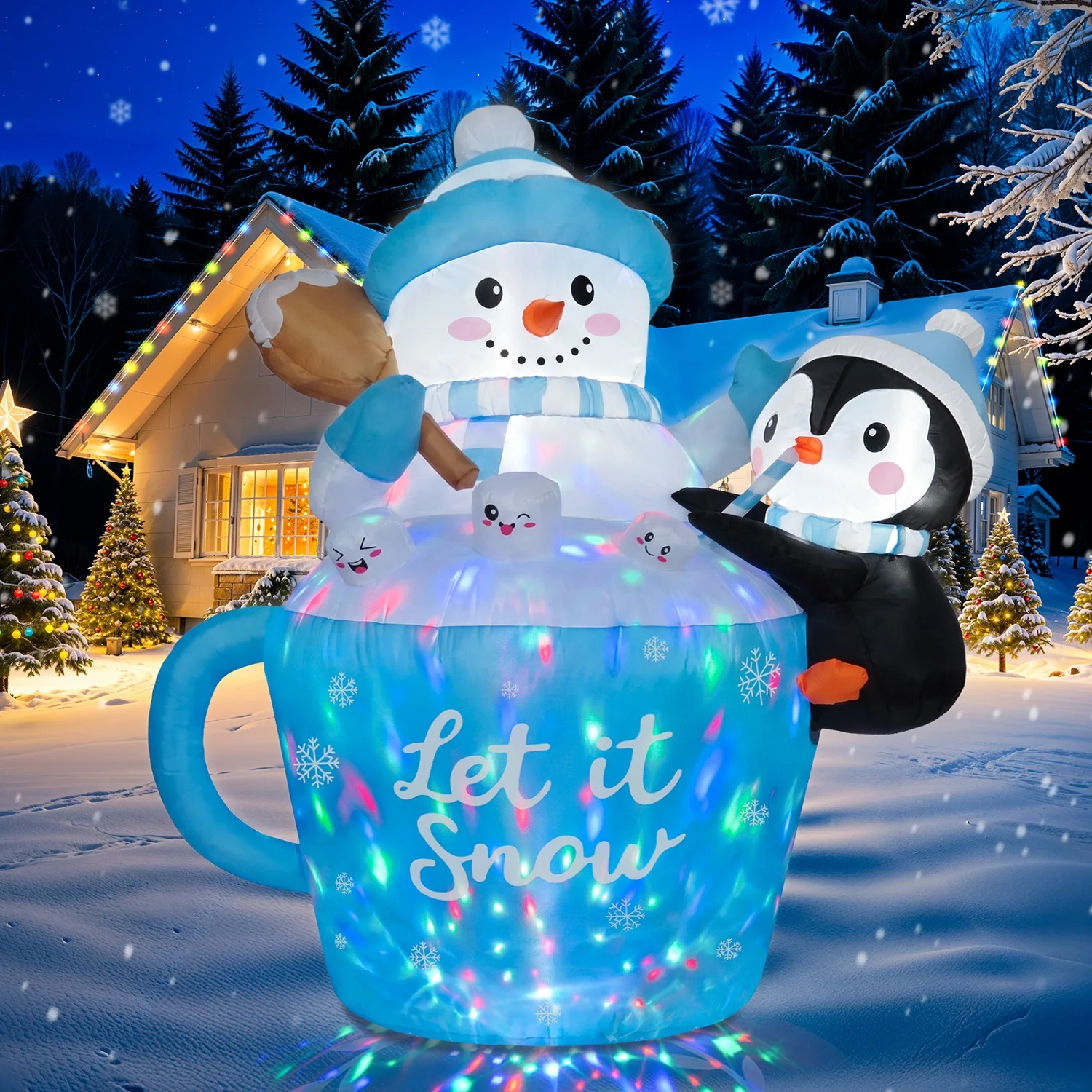 5ft Inflatable Christmas Decoration: Blue Snowman, Penguin, and Cocoa Mug – Outdoor Holiday Decor for Yards and Gardens