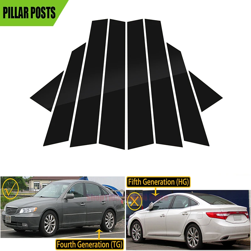 8pc Glossy Black Window Decal Pillar Posts Cover Car Door Decoration Sticker Accessories For Hyundai Azera Grandeur TG 2006-2011