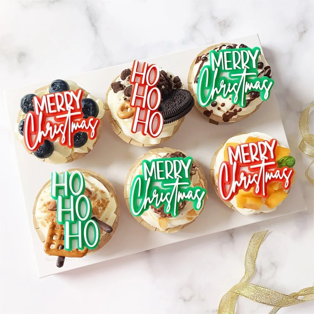 5Pcs Merry Christmas Acrylic Cupcake Topper Gold Red Green HOHO Xams New Year Cake Toppers Dessert Party Cake Decorating Tools