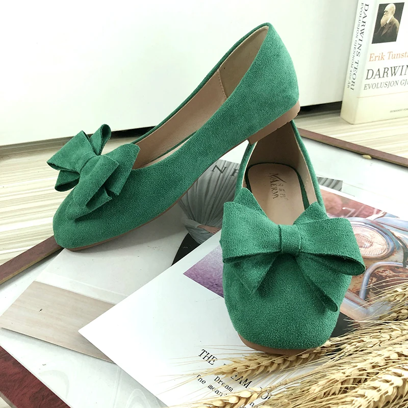 Flat Shoes for Women with Bowknot Grass Mustard Green Square Head Pure Color Leather Soft Sole Comfortable Women Flats Spring