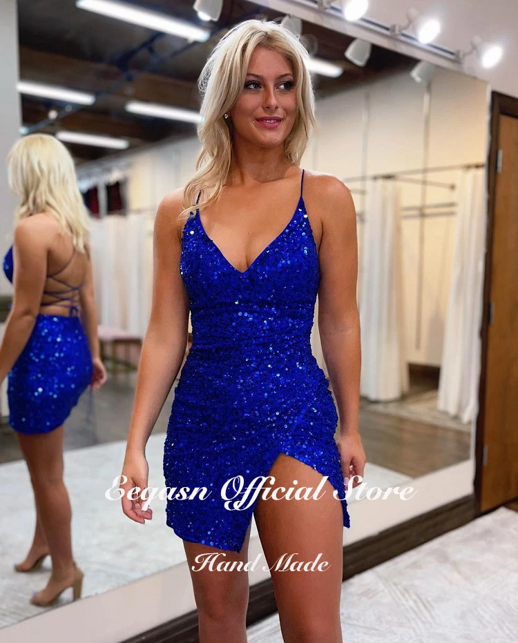 Customized Pink Homecoming Dresses Crossed Back With Sequins White Royal Blue Party Gowns Split Sparkly Hoco Dress