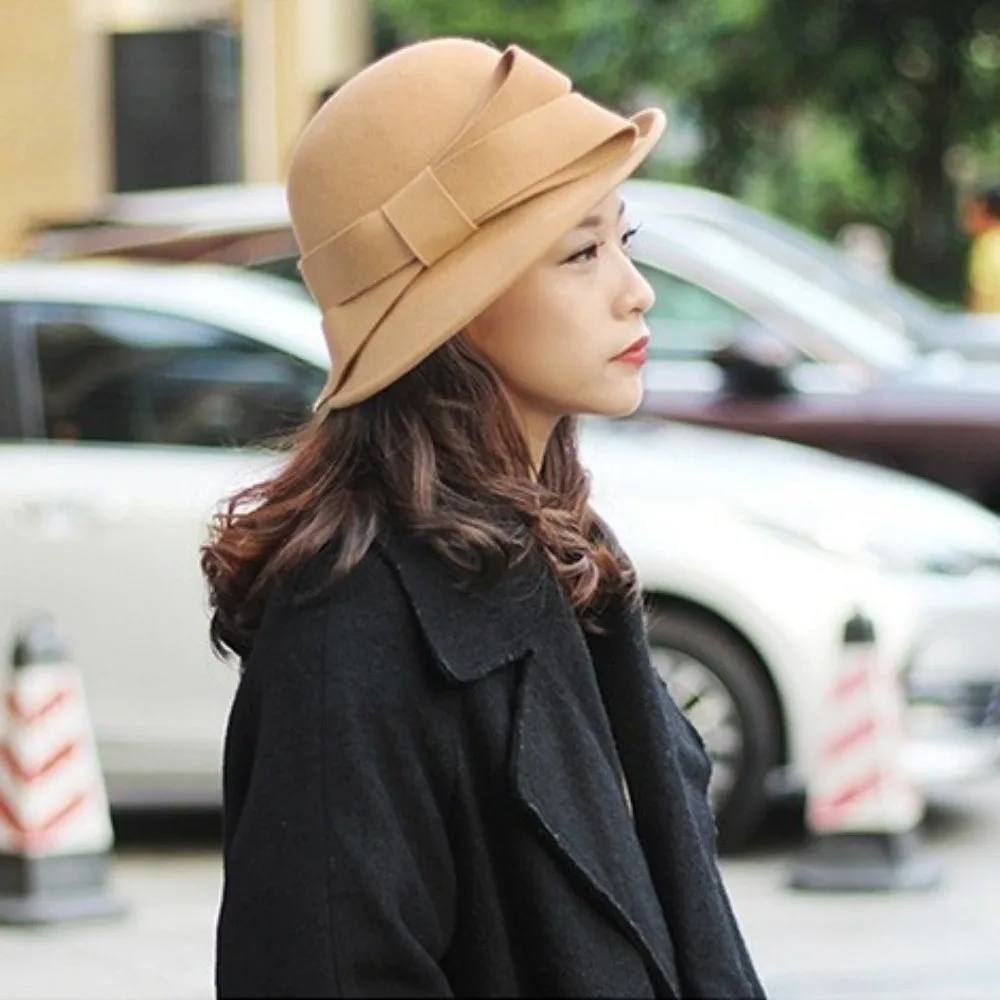 Jazz Cap Felt Wool Bucket Hat Bow French Style Mourning Cap Hepburn Style Cloche Fedora Cap Black Topper Hat Winter