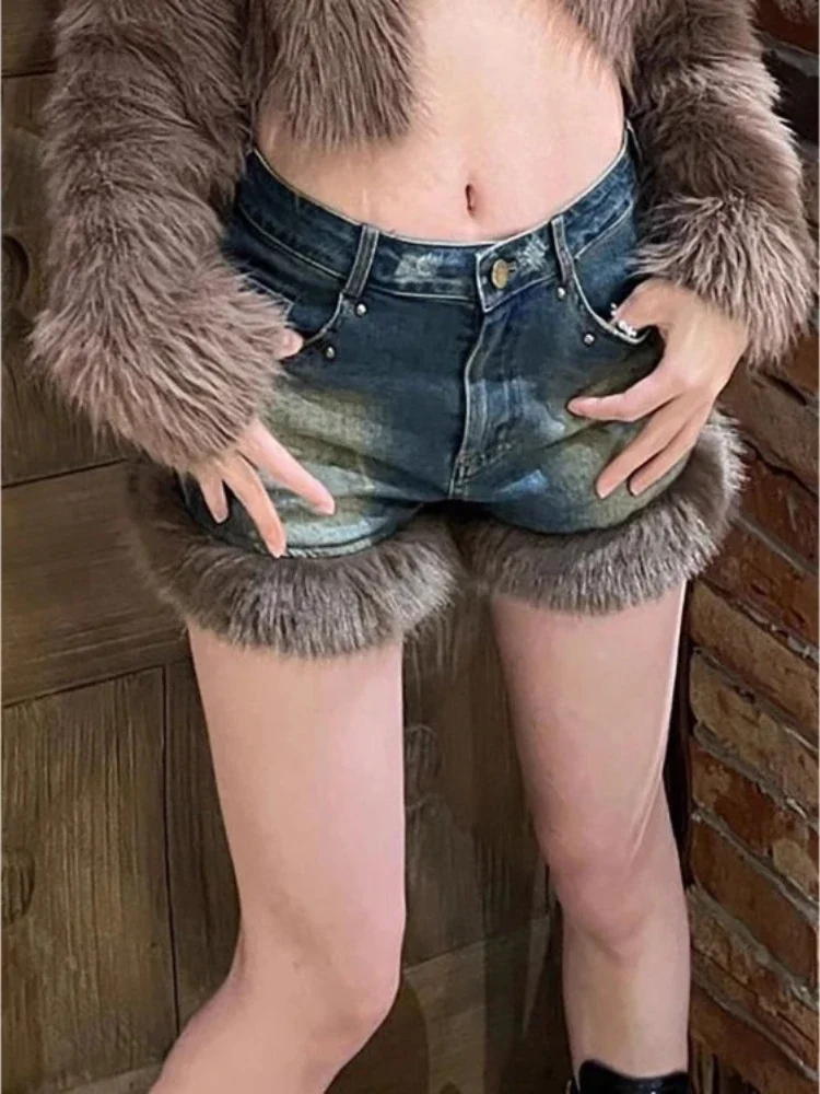 American Washed Fluffy Rivet Jeans Shorts for Women Autumn Winter New Denim  Y2k E-Girl High Waist Hot Short Pants