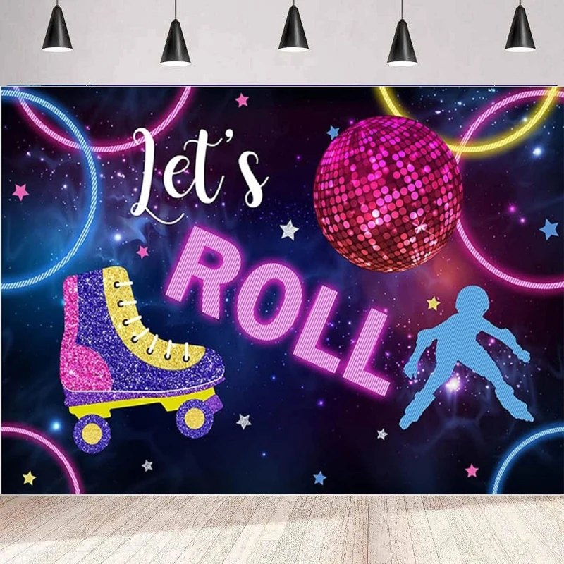 Let's Roll Photography Backdrop Happy Birthday For Girls Skating Colorful Neon Background Home Party Backdrop Wall Banner Poster