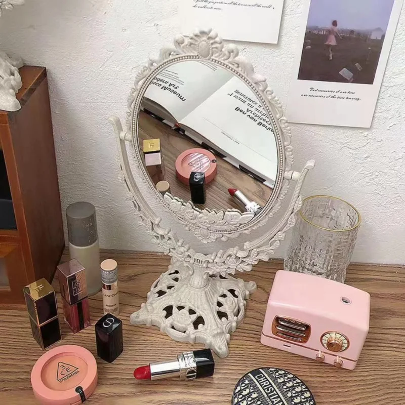 custom.Reversible Mirror Desktop Make-up  Mirror Rotating European Style Engraved Dressing Mirror Wheat Straw