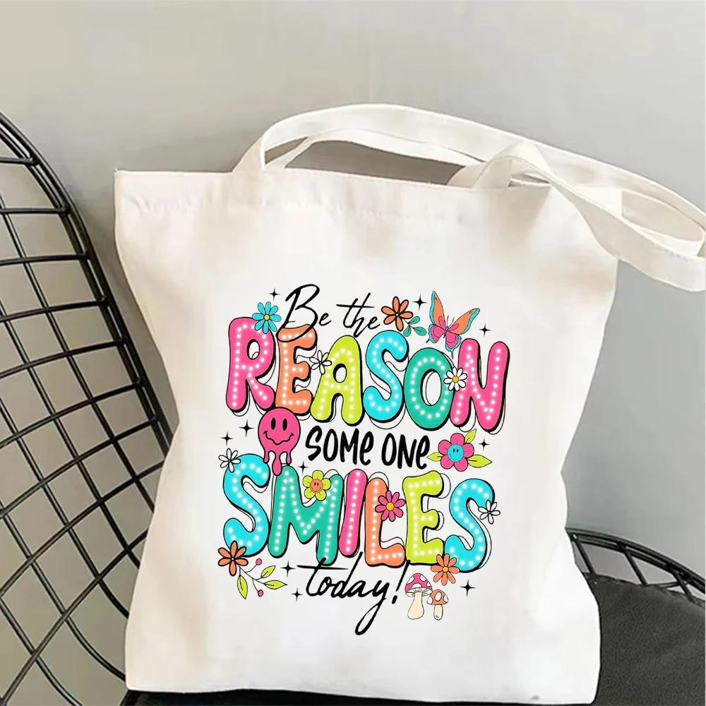 

Positive Quote Canvas Tote Bag Eco Friendly Bright Floral Letter Smile Print For Parties Picnics Travel Yoga Bag