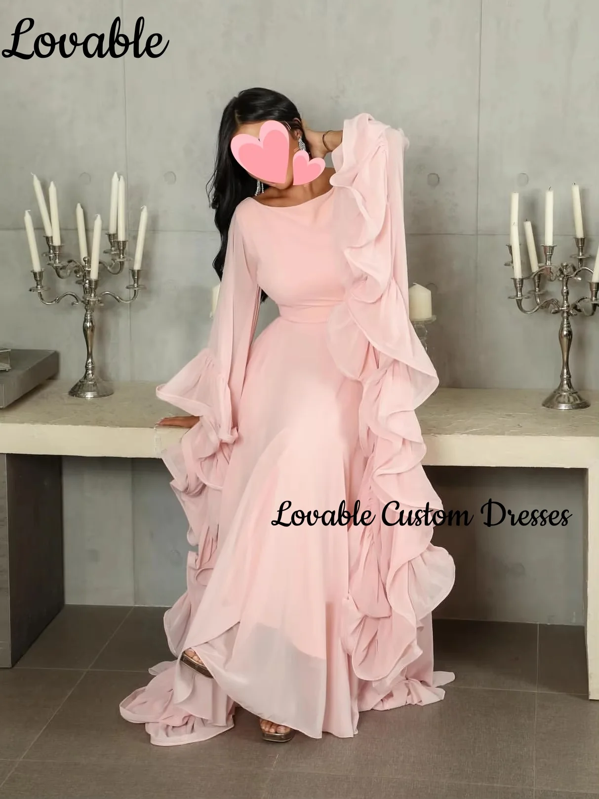 فستان حفلات الزفاف تخصيص العمود مغرفة العنق الطابق طول كشكش فساتين السهرة الفاخرة سستة حتى فساتين الأكمام الطويلة