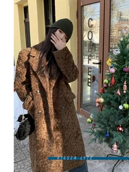 Wool Blend Teddy Feel Double-breasted Warm Long Coat with Lapel for Versatile Retro Style Winter Brown Overcoat Jackets Women