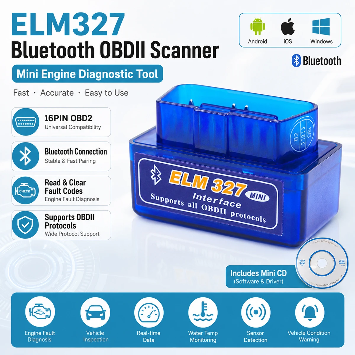 Lanke ELM327 Mini Bluetooth OBD2 Scanner Car Diagnostic Tool Code Reader Check Engine Fault Reset Adapter