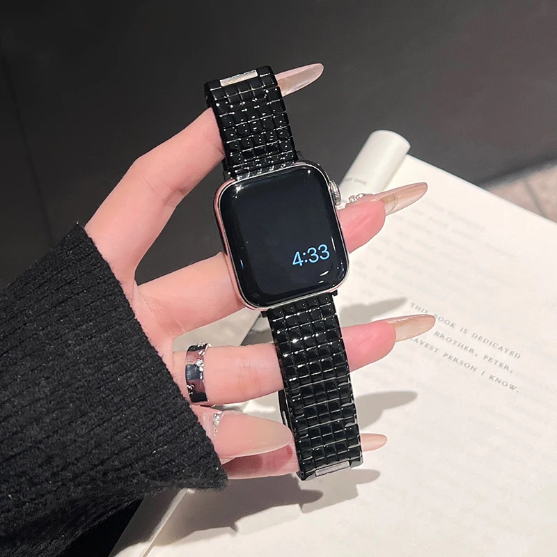 Pulseira de metal padrão quadrado para Apple Watch, Pulseira para iWatch Series 7, Correa 45mm, 41mm, 38mm, 40, 9, 8, 6, 5, SE, 4, Ultra2, 49 milímetros