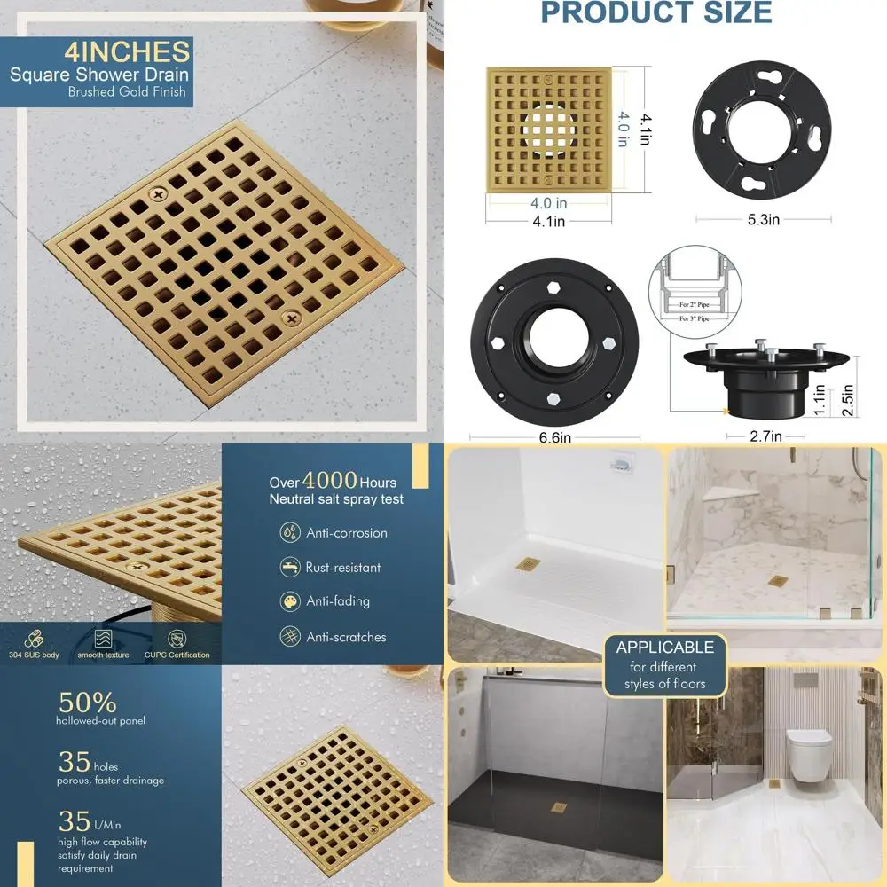 

4 Inch Square Shower Drain Kit - Champagne Bronze Finish with ABS Flange and Removable Grid Cover - Stainless Steel Floor Drain