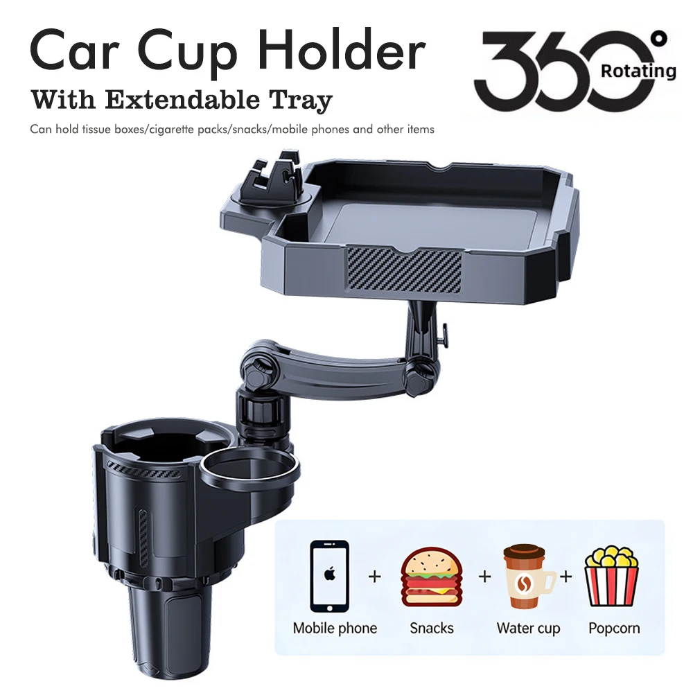 Upgraded Wider and Larger 360-degree Rotating In-car Cup Holder Dining Tray and Storage Rack with Phone Holder and Drink Holder