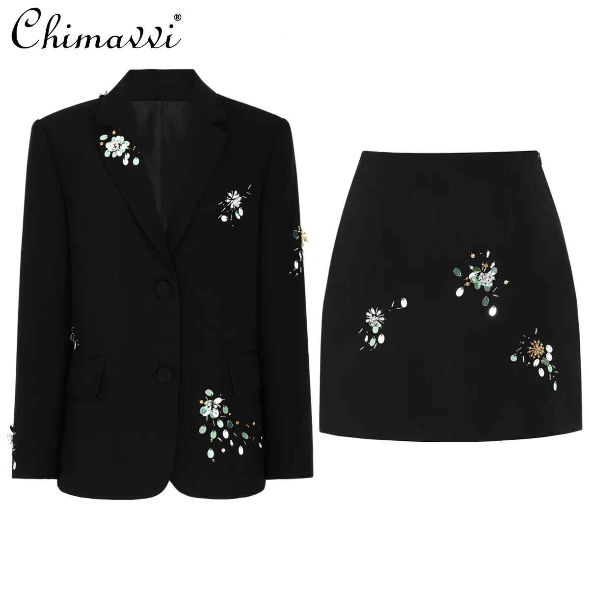 

French Fashion Elegant Commuting Beaded Sequin Single-Breasted Blazer High-Waisted Short Skirt Two-Piece Set for Women Autumn