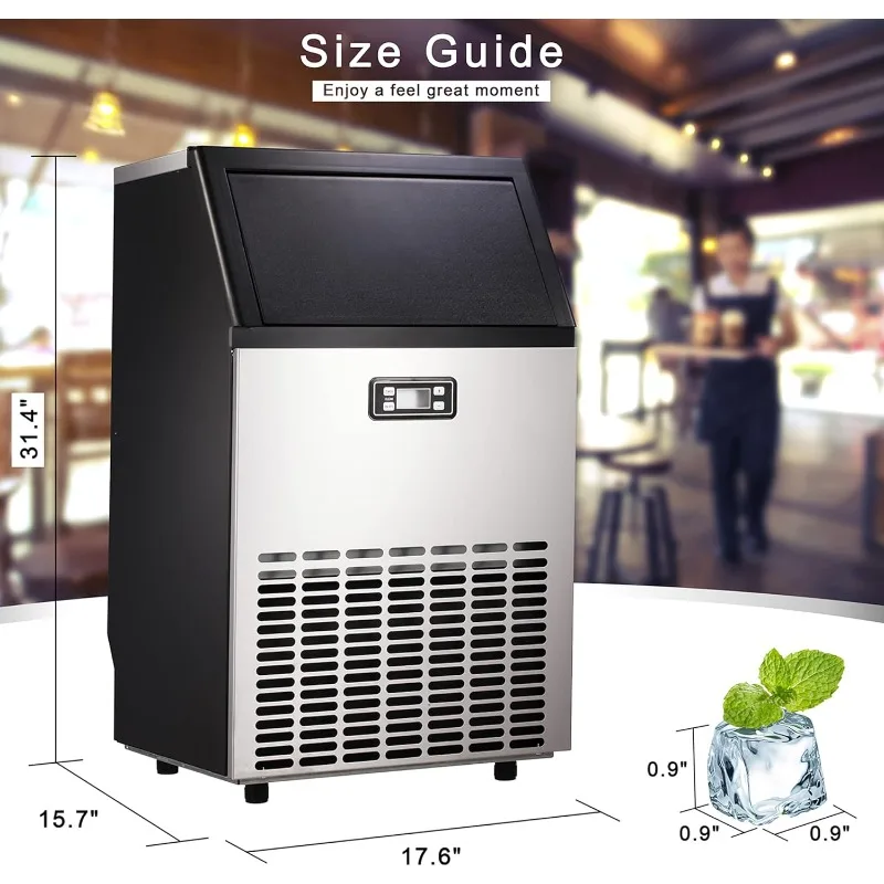 Commercial Ice Machine,100Lbs/Day,Stainless Steel with 48 Lbs Capacity,for Restaurant,Bars,Home & Offices,Includes Scoop Silver